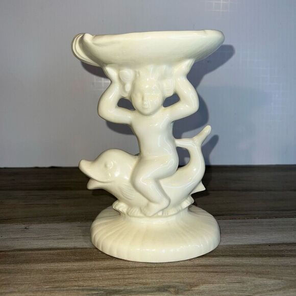 1973 Vintage Holland Mold Ceramic Signed Cherub on Dolphin Soap Dish Holder - Picture 1 of 9